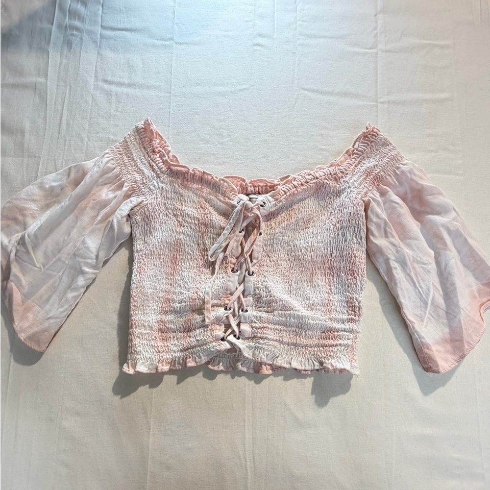 American Eagle Pink Tie Dye Smocked Lace-Up Fairy Cottage Festival Sz S